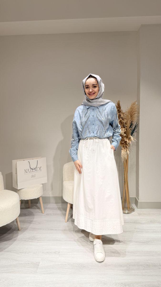 %100 KETEN İŞLEMELİ GÖMLEK - Görsel