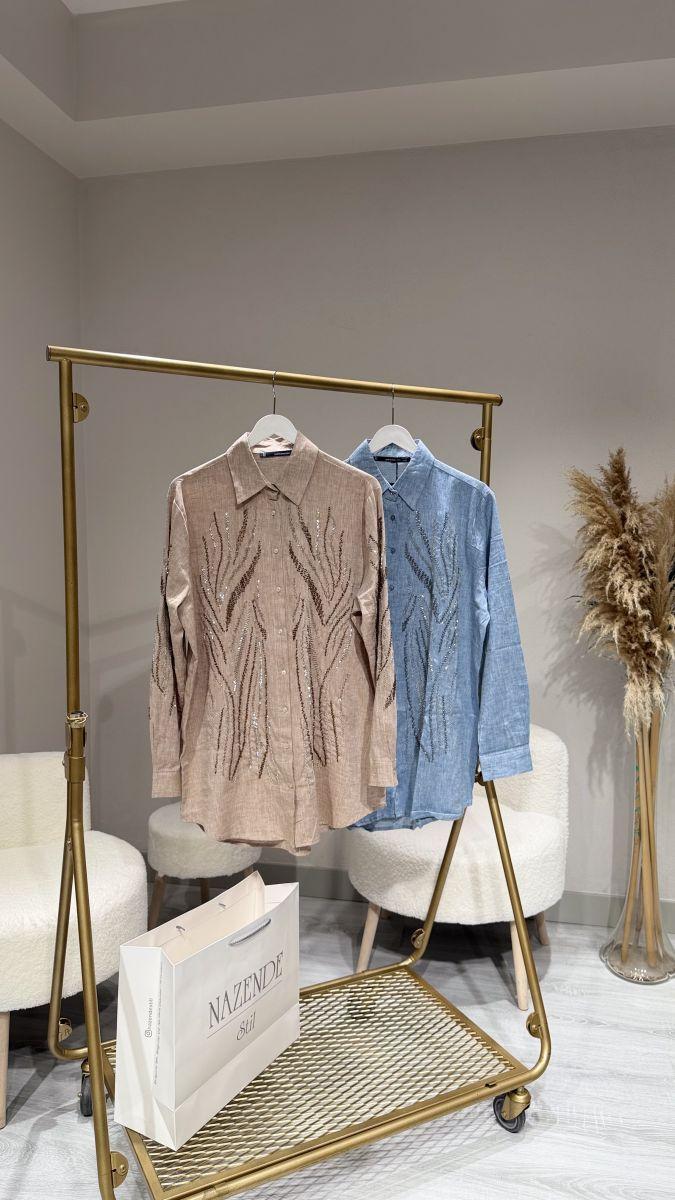 %100 KETEN İŞLEMELİ GÖMLEK - Görsel