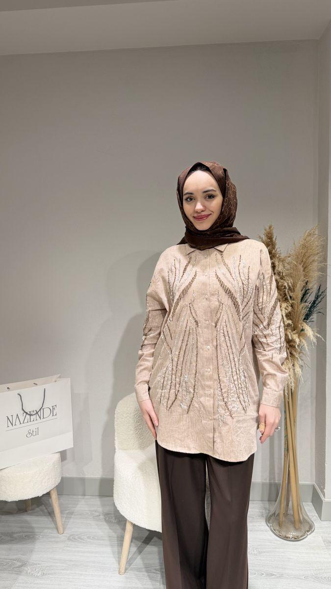 %100 KETEN İŞLEMELİ GÖMLEK - Görsel