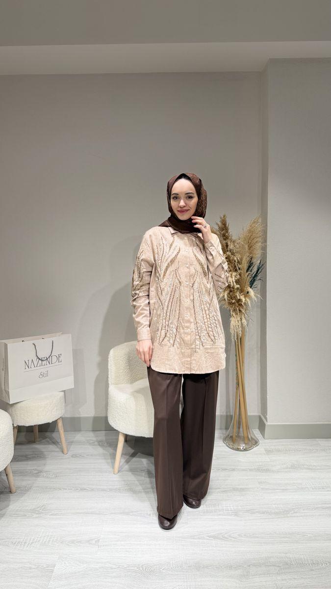 %100 KETEN İŞLEMELİ GÖMLEK - Görsel